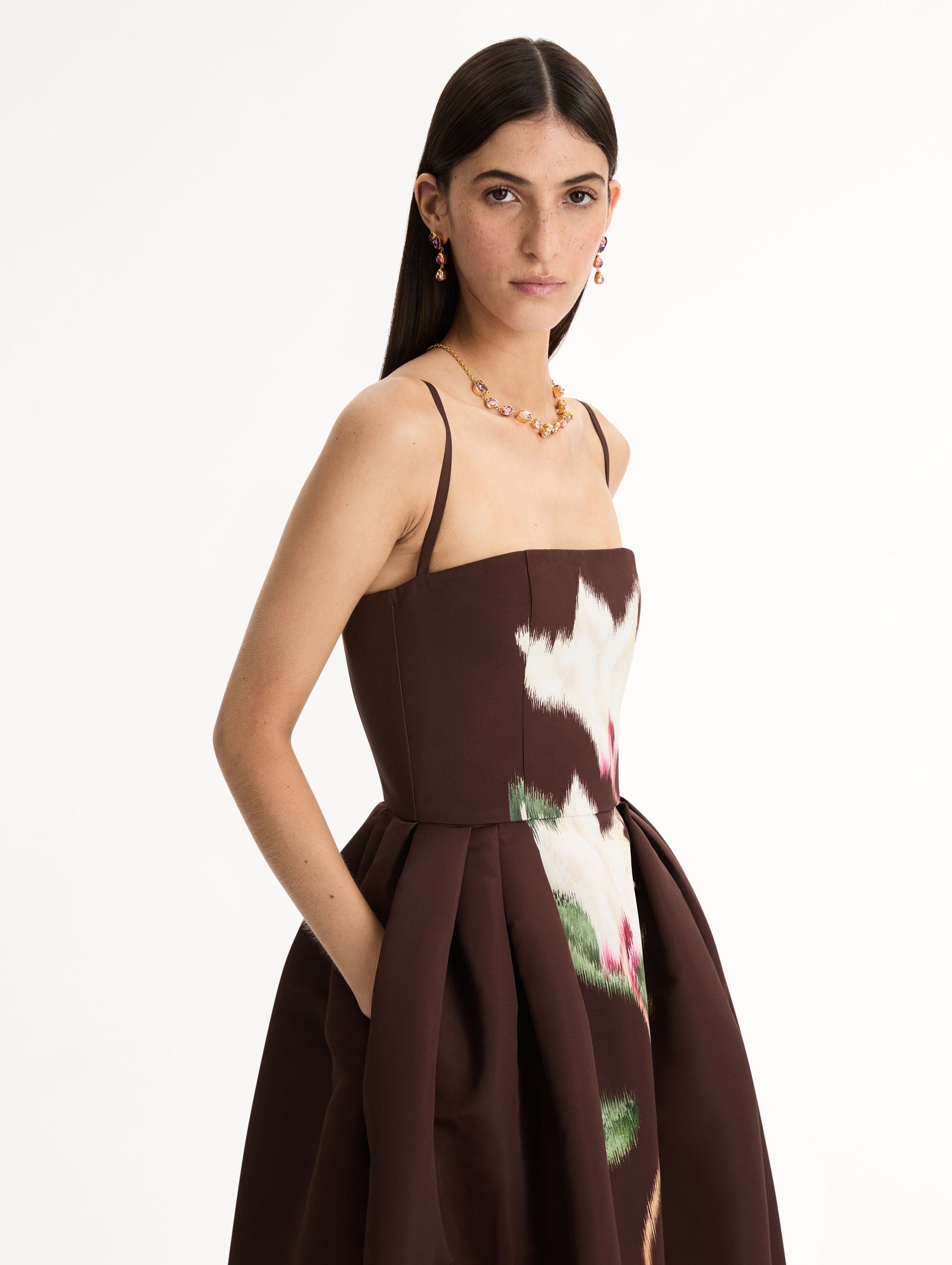 Chocolate Chiné Cyclamen Faille Cocktail Dress, Fitted Bodice, Delicate Straps, Full Skirt. Side View.