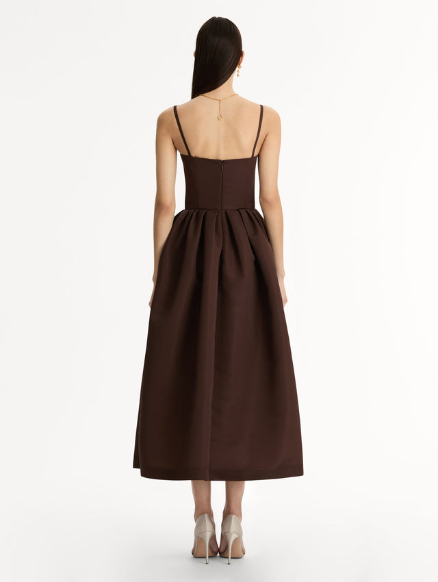 Chocolate Chiné Cyclamen Faille Cocktail Dress, Fitted Bodice, Delicate Straps, Full Skirt. Back View.