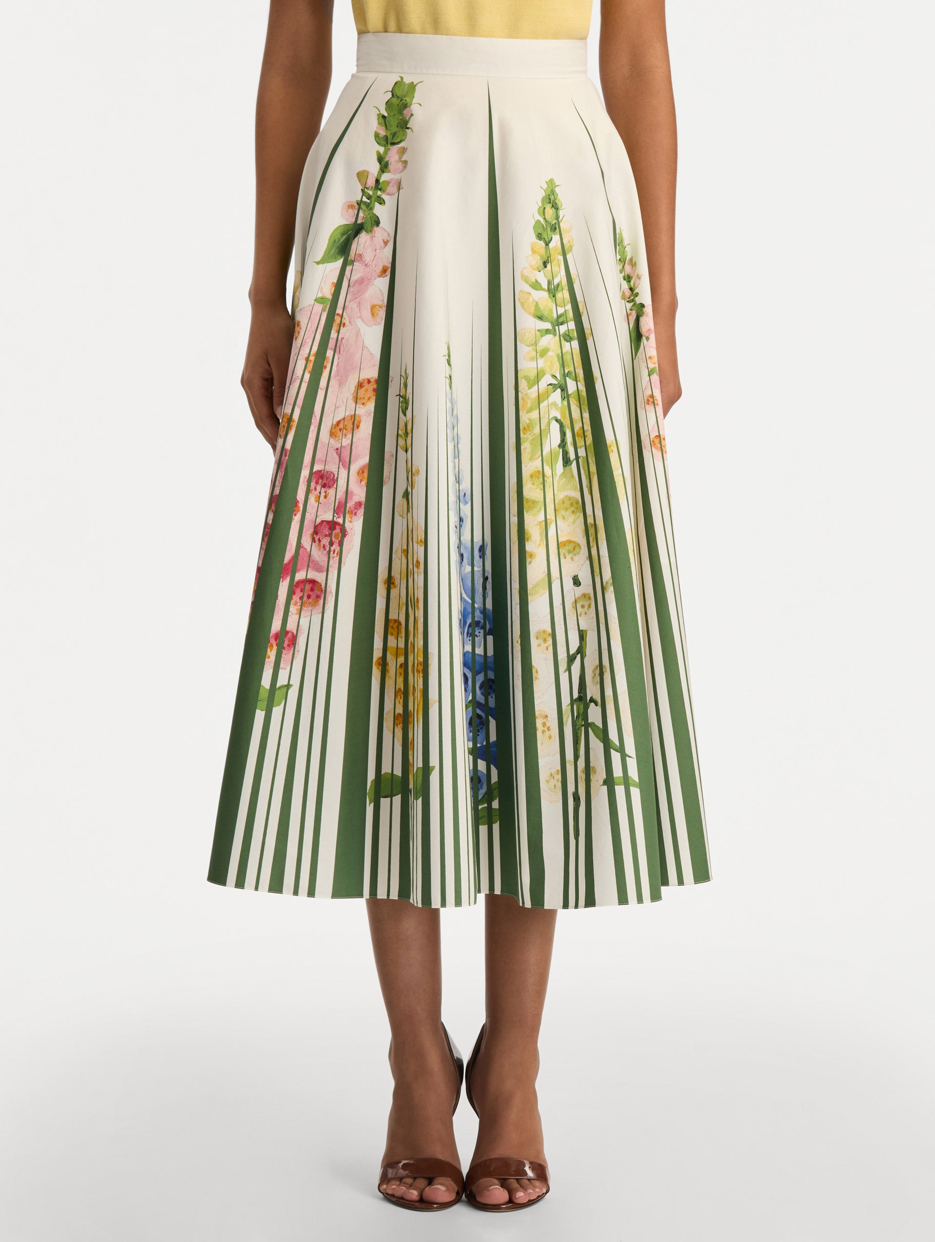 White Foxglove Trompe L’oeil Cotton Poplin Skirt with vertical green stripes and multicolor foxglove floral print. Front View.