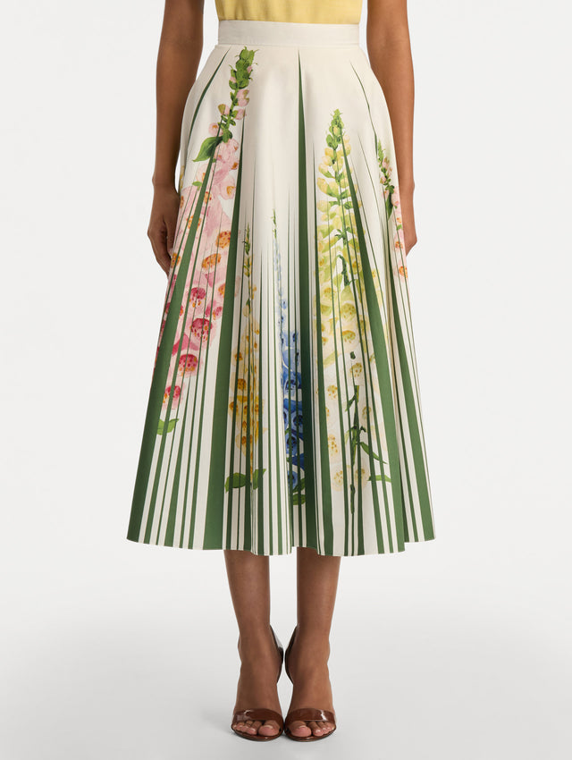 White Foxglove Trompe L’oeil Cotton Poplin Skirt with vertical green stripes and multicolor foxglove floral print. Front View.