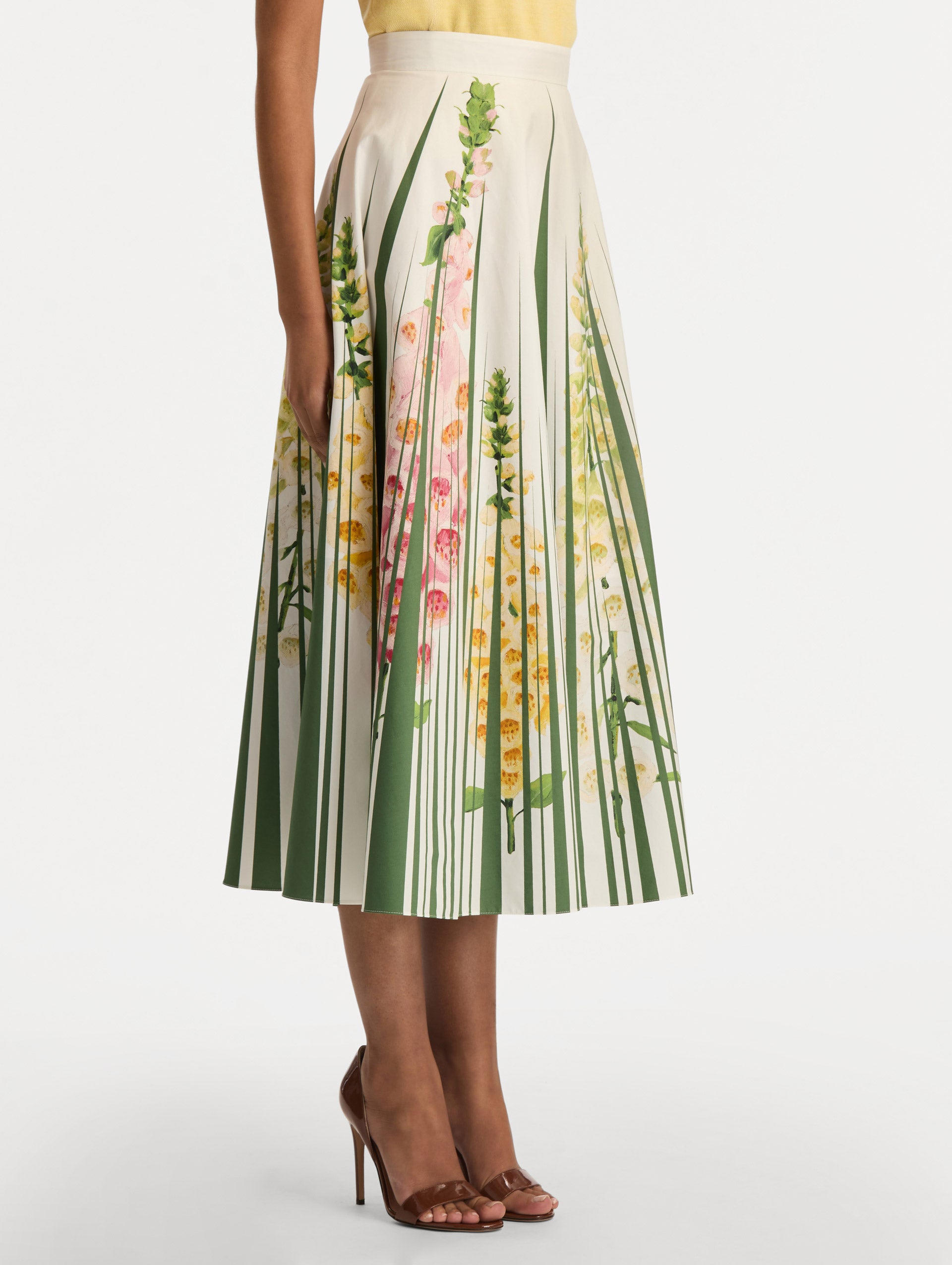 White Foxglove Trompe L’oeil Cotton Poplin Skirt with vertical green stripes and multicolor foxglove floral print. Side View.