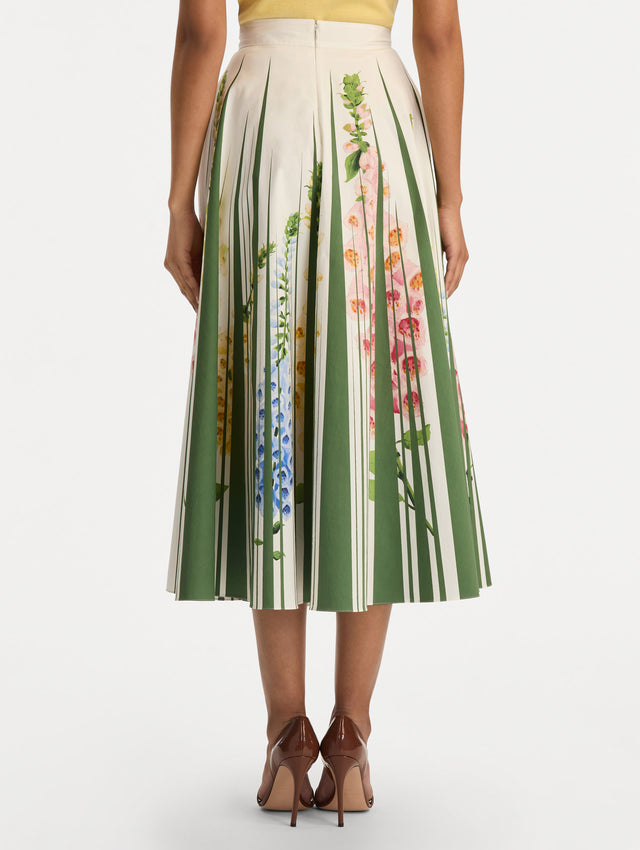White Foxglove Trompe L’oeil Cotton Poplin Skirt with vertical green stripes and multicolor foxglove floral print. Back View.
