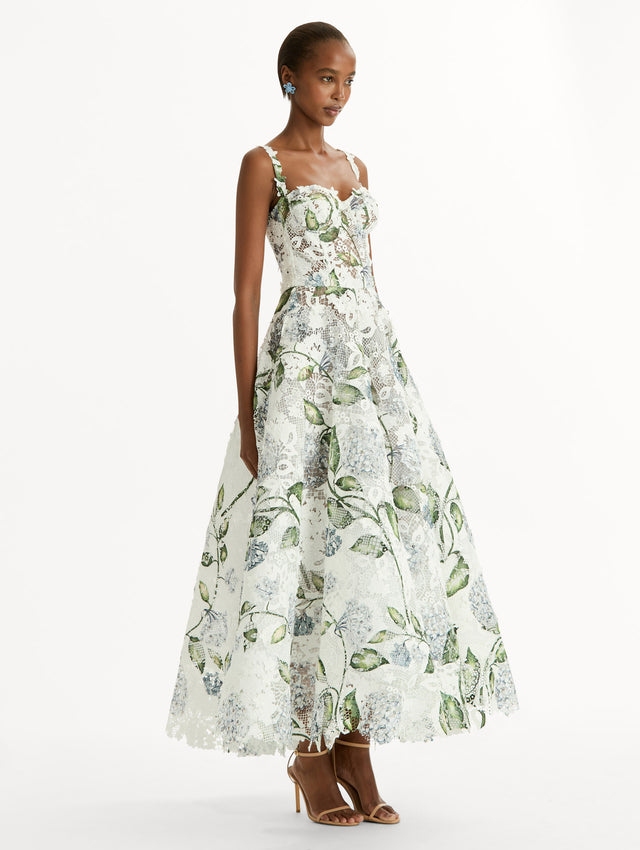 Porcelain Flower Guipure Cocktail Dress, Corseted Bodice, Full Skirt. White, Blue and Green. Side View.