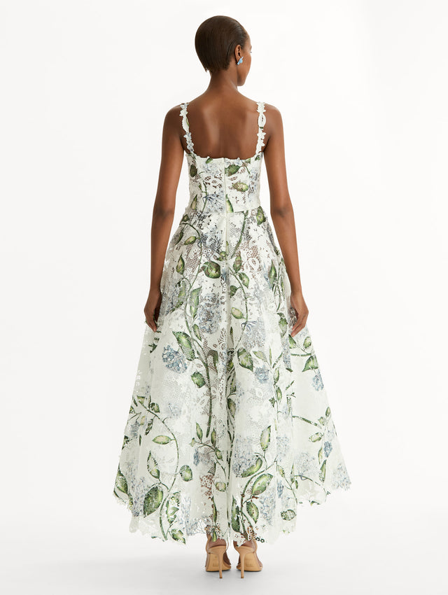 Porcelain Flower Guipure Cocktail Dress, Corseted Bodice, Full Skirt. White, Blue and Green. Back View.