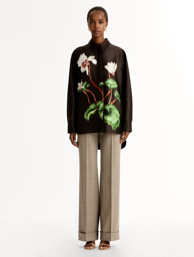 Chiné Cyclamen Silk Mikado Blouse, Long Sleeve, Espresso Button Up. Front View.