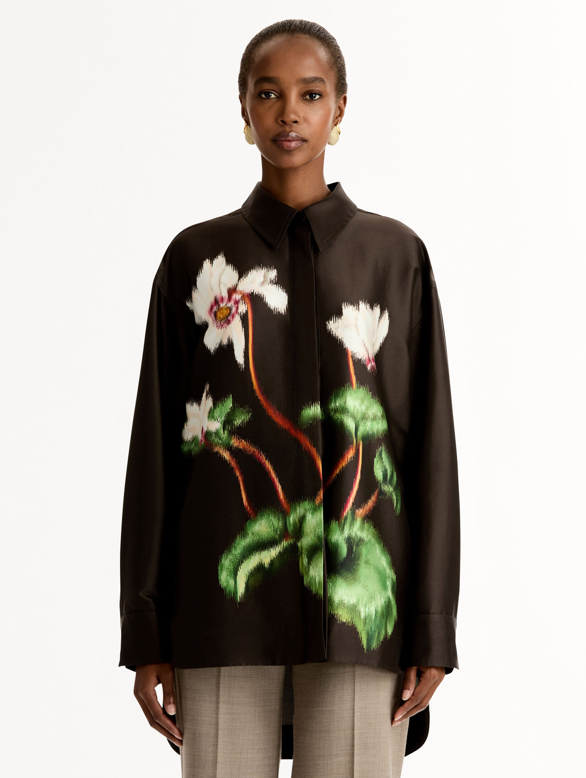 Chiné Cyclamen Silk Mikado Blouse, Long Sleeve, Espresso Button Up. Front View.