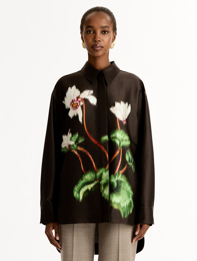 Chiné Cyclamen Silk Mikado Blouse, Long Sleeve, Espresso Button Up. Front View.