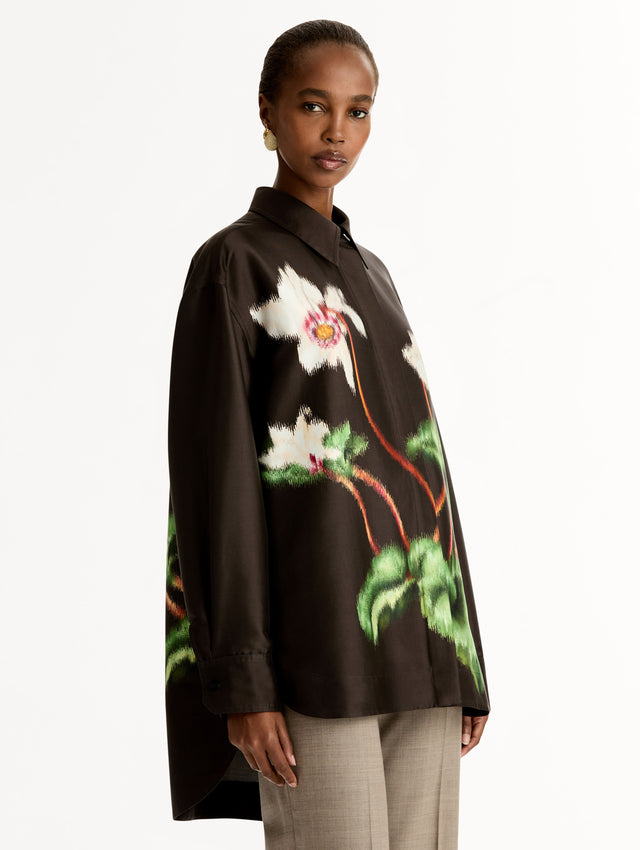 Chiné Cyclamen Silk Mikado Blouse, Long Sleeve, Espresso Button Up. Side View.