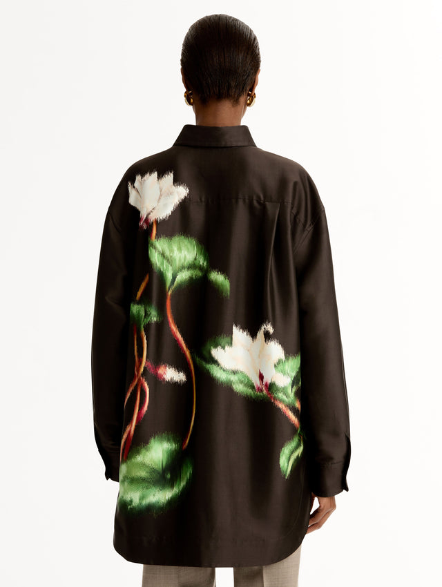 Chiné Cyclamen Silk Mikado Blouse, Long Sleeve, Espresso Button Up. Back View.