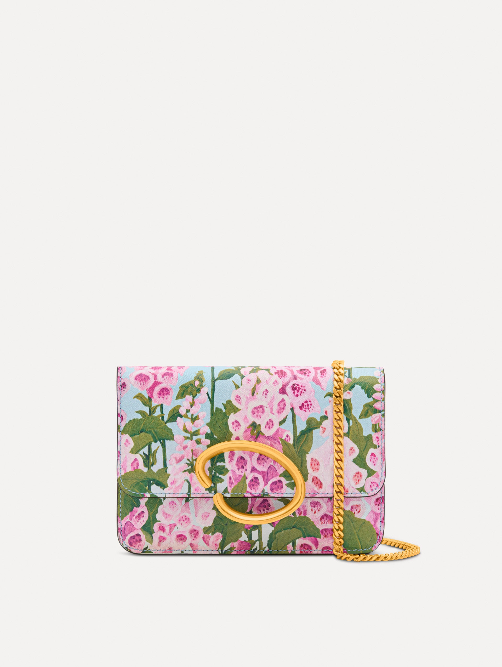 Pink, blue, and green Foxlove Printed O Pochette with gold hardware and abstract O Clasp. Front View. 