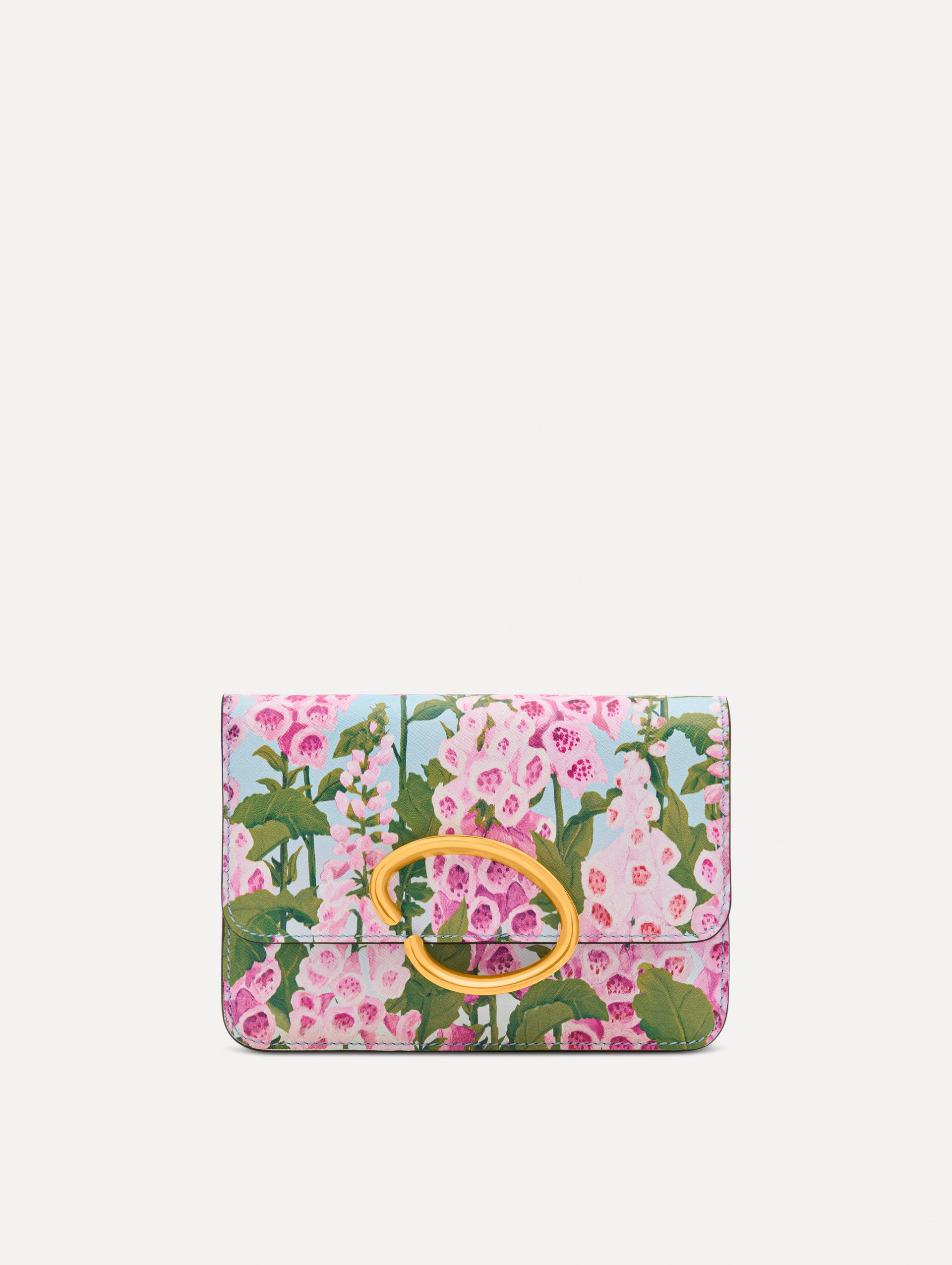 Pink, blue, and green Foxlove Printed O Pochette with gold hardware and abstract O Clasp. Front View. 