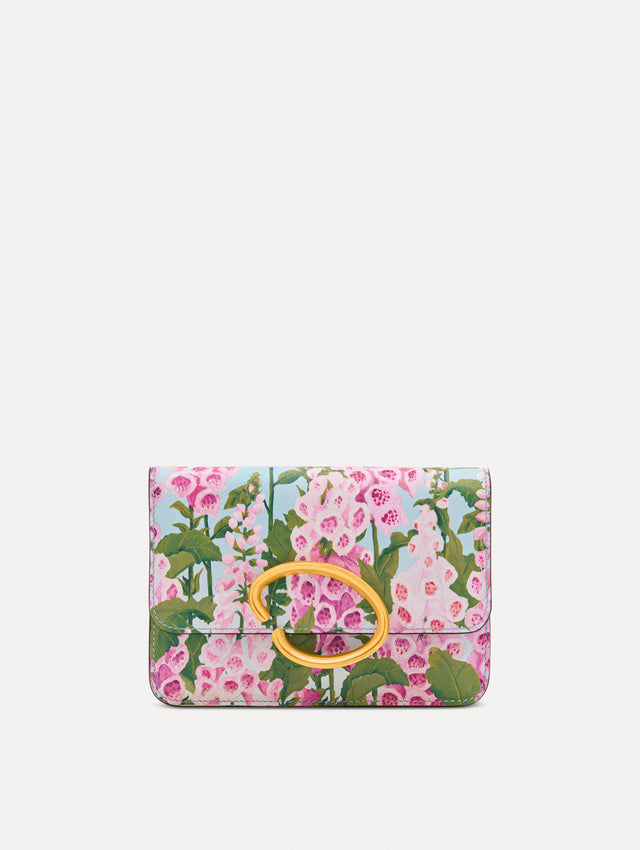 Pink, blue, and green Foxlove Printed O Pochette with gold hardware and abstract O Clasp. Front View. 