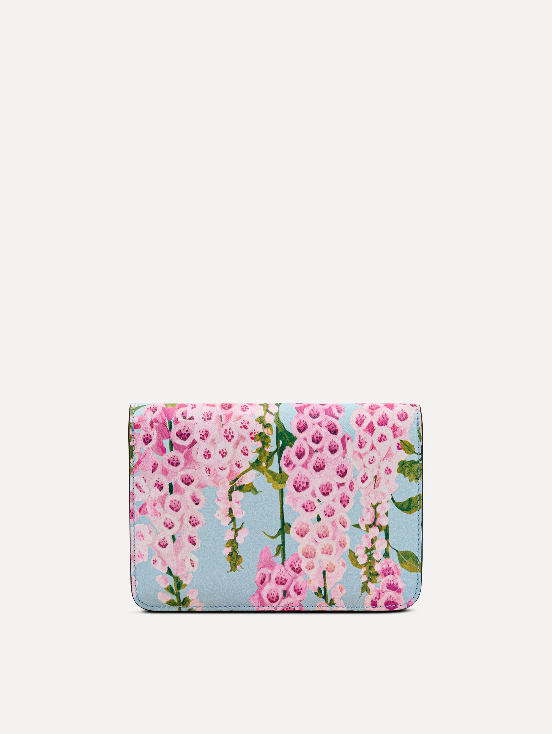 Pink, blue, and green Foxlove Printed O Pochette with gold hardware and abstract O Clasp. Back View. 