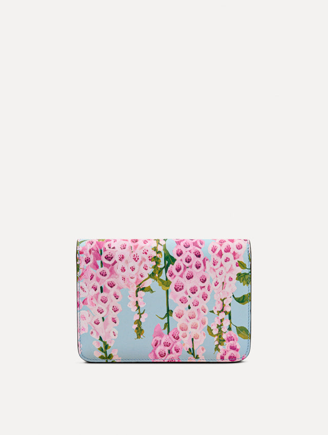 Pink, blue, and green Foxlove Printed O Pochette with gold hardware and abstract O Clasp. Back View. 