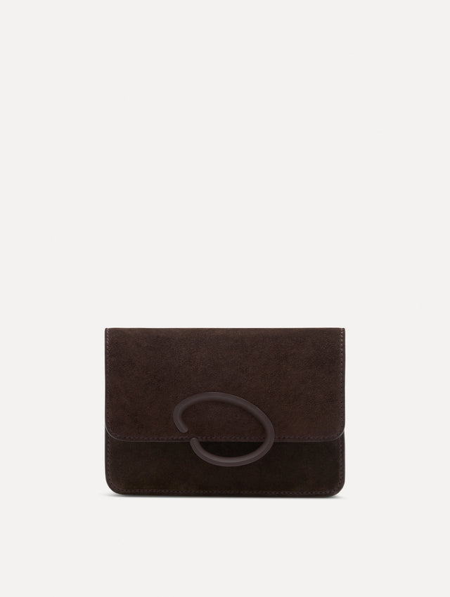 Brown O Pochette in Suede with gold strap and Brown abstract O Clasp. Front View. 