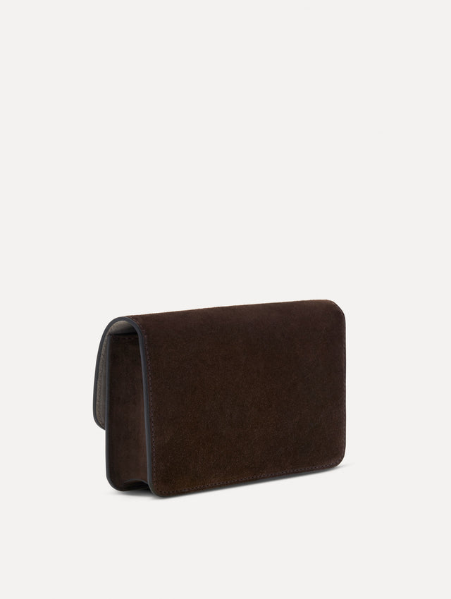 Brown O Pochette in Suede with gold strap and Brown abstract O Clasp. Back View. 