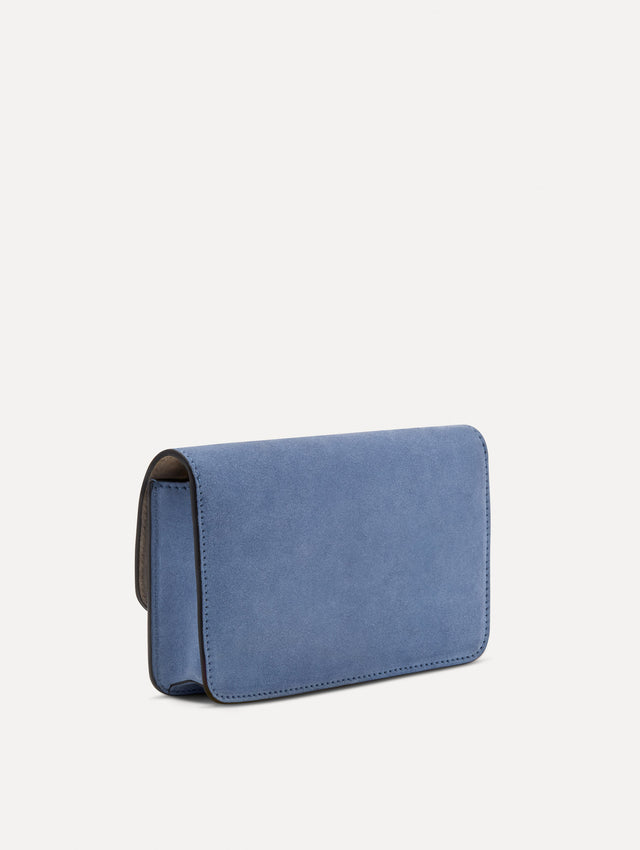 Blue O Pochette in Suede with gold strap and blue abstract O Clasp. Back View. 