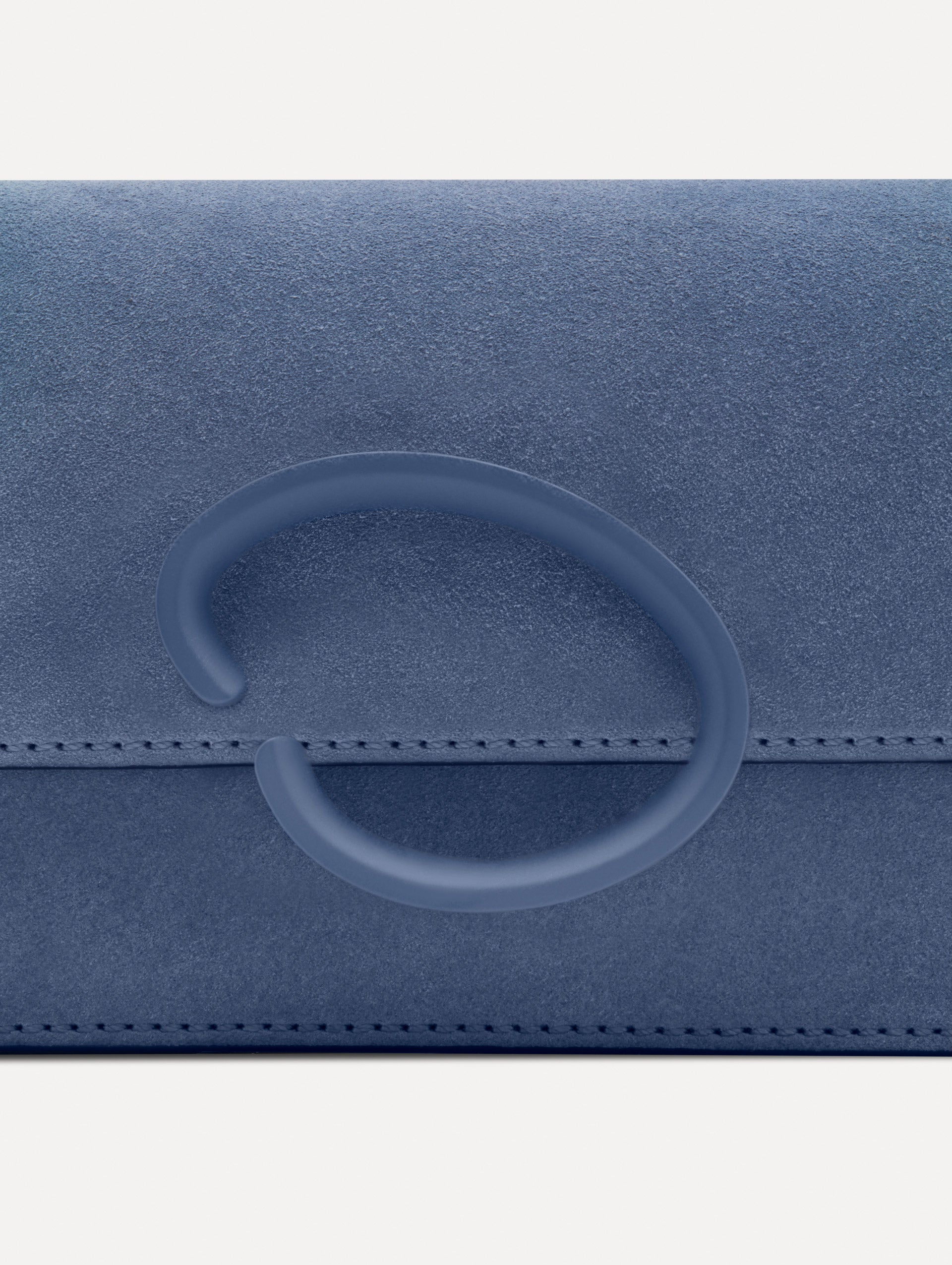 Blue O Pochette in Suede with gold strap and blue abstract O Clasp. Zoom View. 