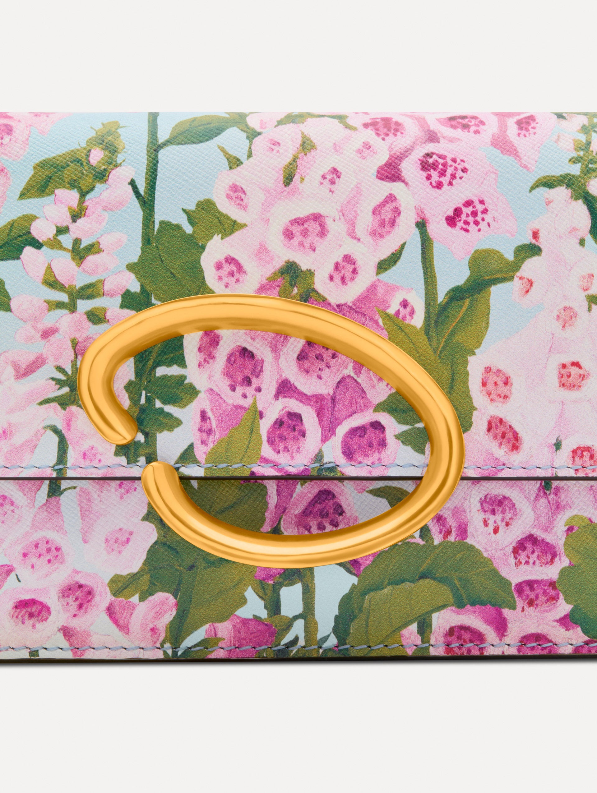 Pink, blue, and green Foxlove Printed O Pochette with gold hardware and abstract O Clasp. Zoom View. 