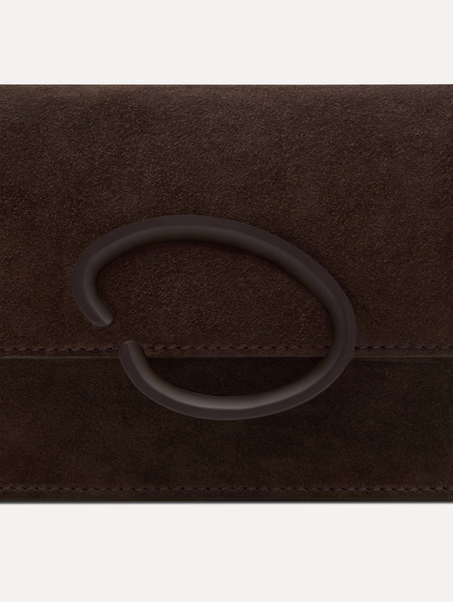 Brown O Pochette in Suede with gold strap and Brown abstract O Clasp. Zoom View. 