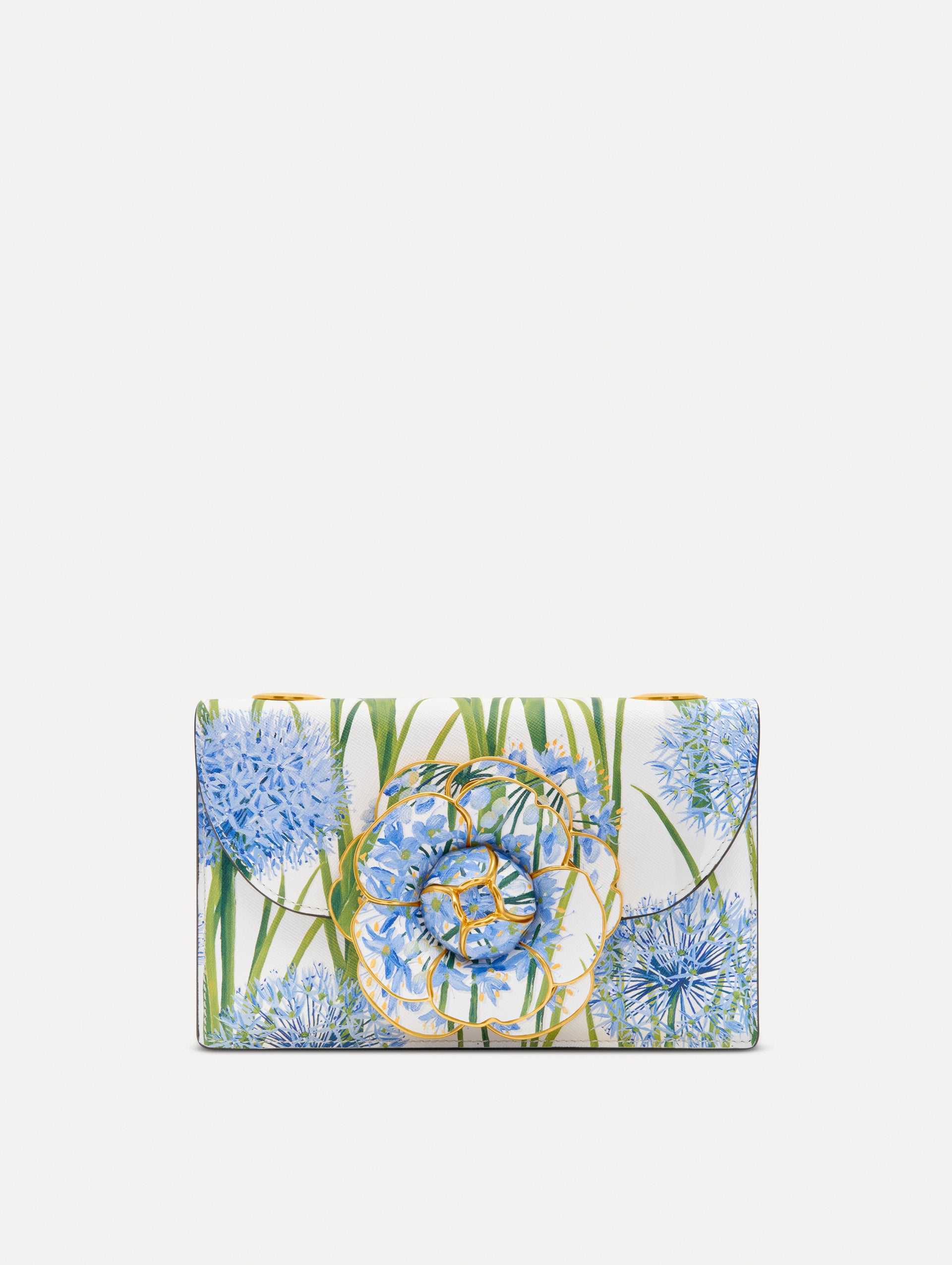 White, blue and green Allium Printed TRO Bag with gold hardware and flower embellishment. Front View.