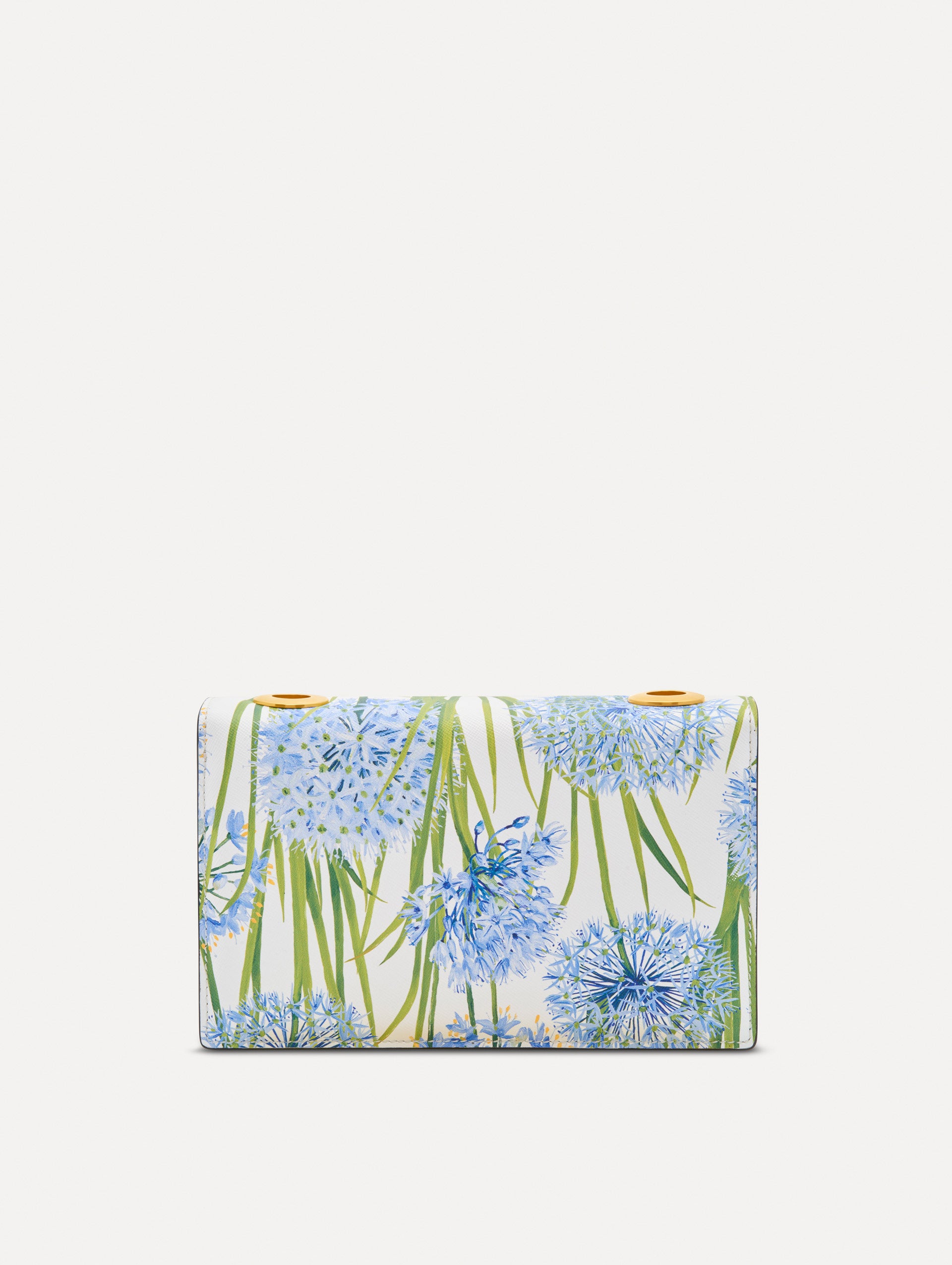 White, blue and green Allium Printed TRO Bag with gold hardware and flower embellishment. Back View.