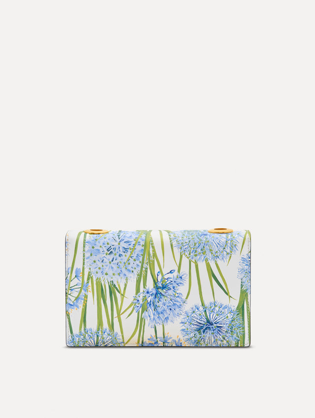 White, blue and green Allium Printed TRO Bag with gold hardware and flower embellishment. Back View.