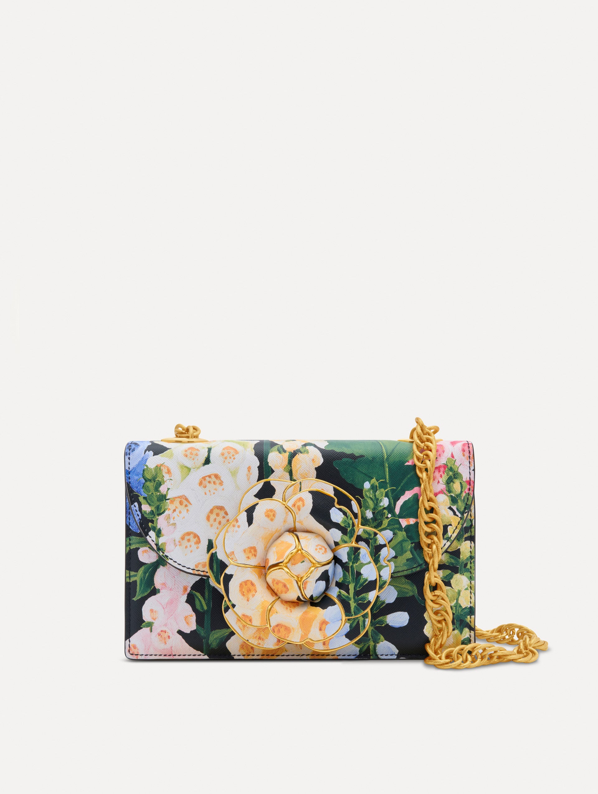 Floral Foxglove Printed TRO Bag with gold Hardware and Flower detail. Front View.
