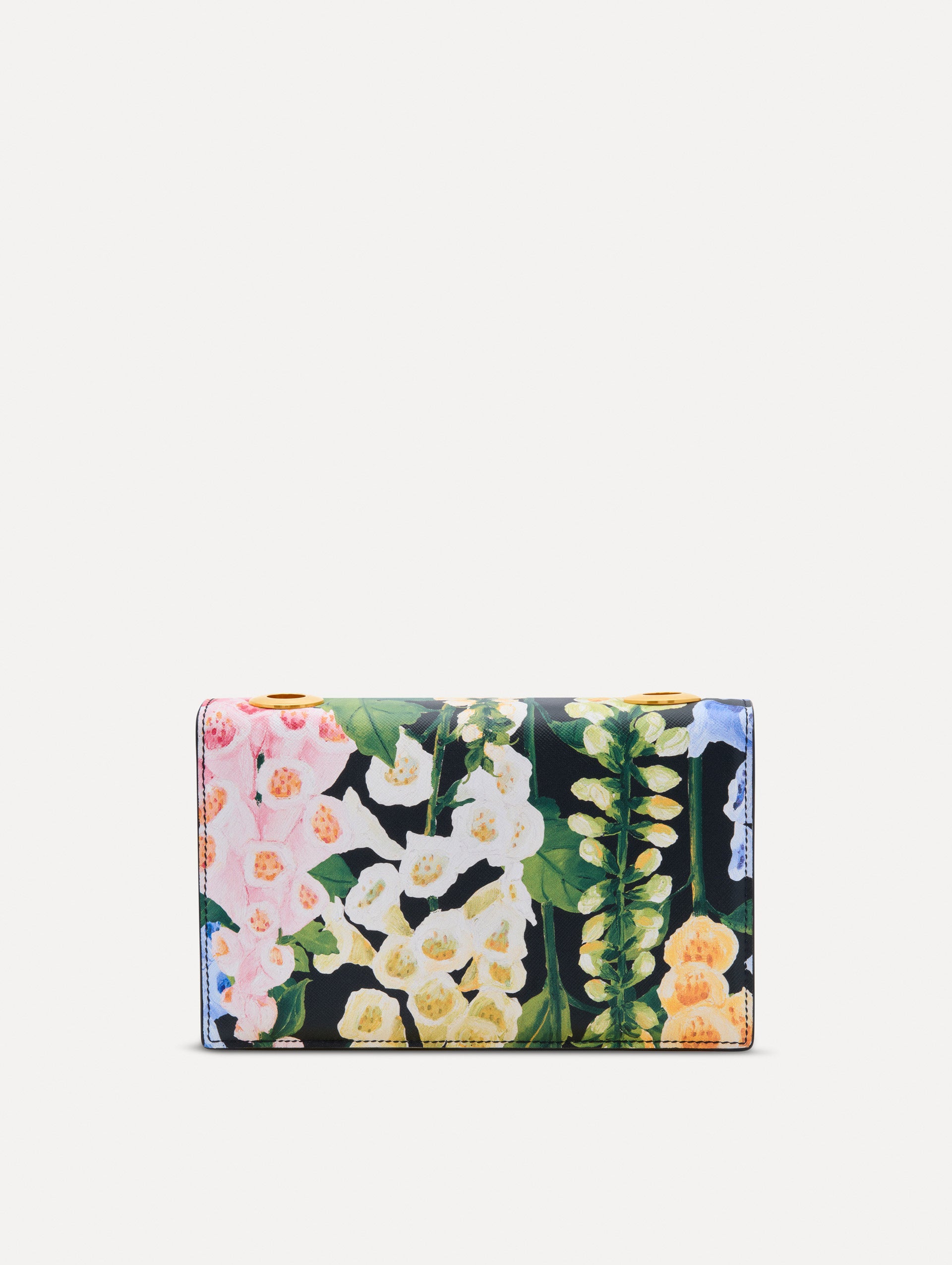Floral Foxglove Printed TRO Bag with gold Hardware and Flower detail. Back View.