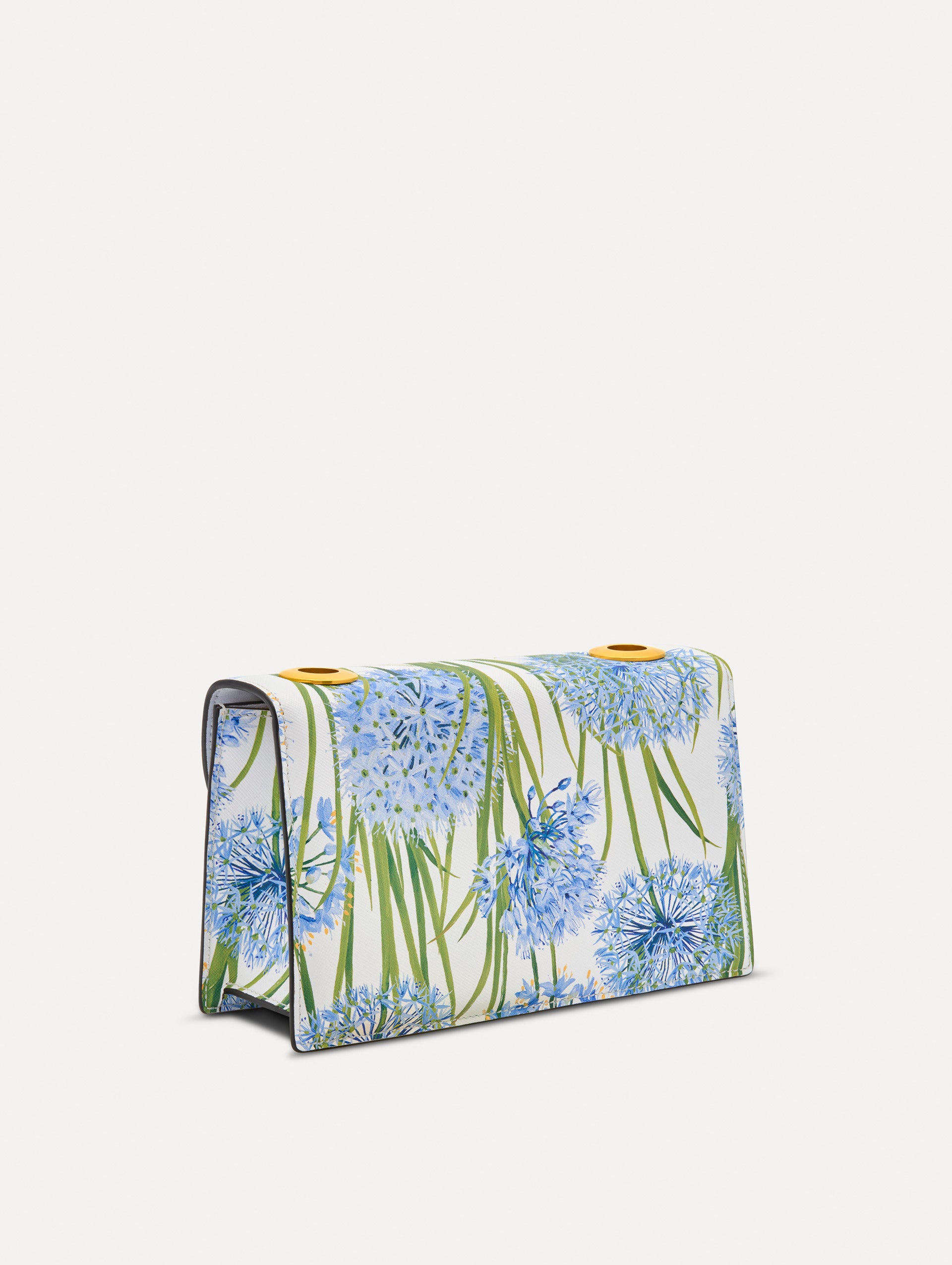 White, blue and green Allium Printed TRO Bag with gold hardware and flower embellishment. Back View.