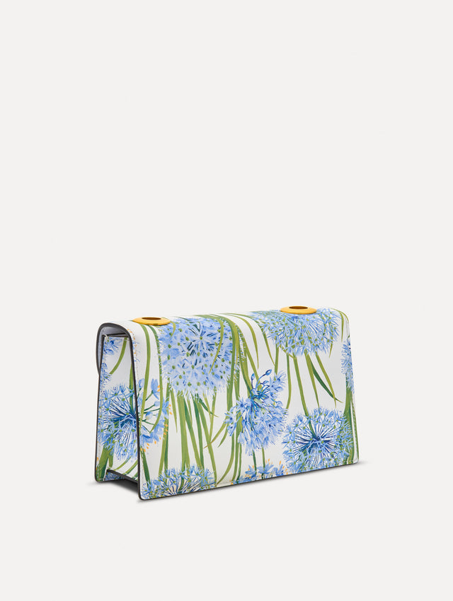 White, blue and green Allium Printed TRO Bag with gold hardware and flower embellishment. Back View.