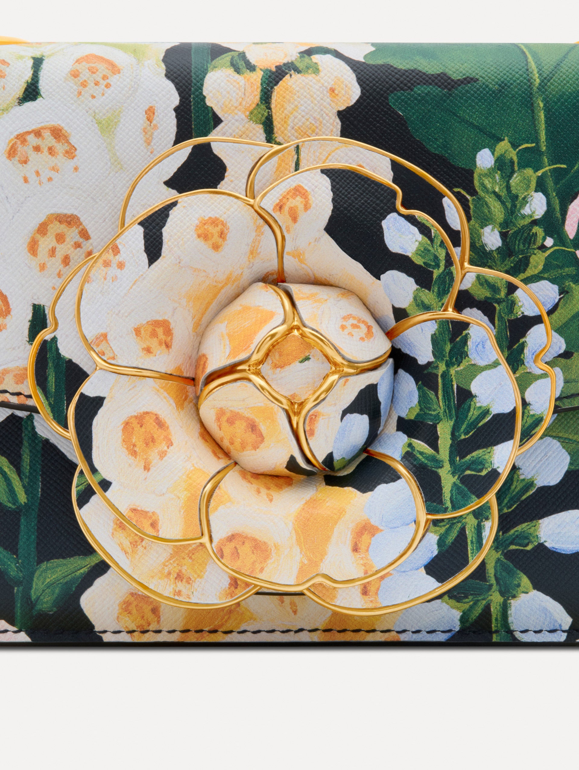 Floral Foxglove Printed TRO Bag with gold Hardware and Flower detail. Zoom View.