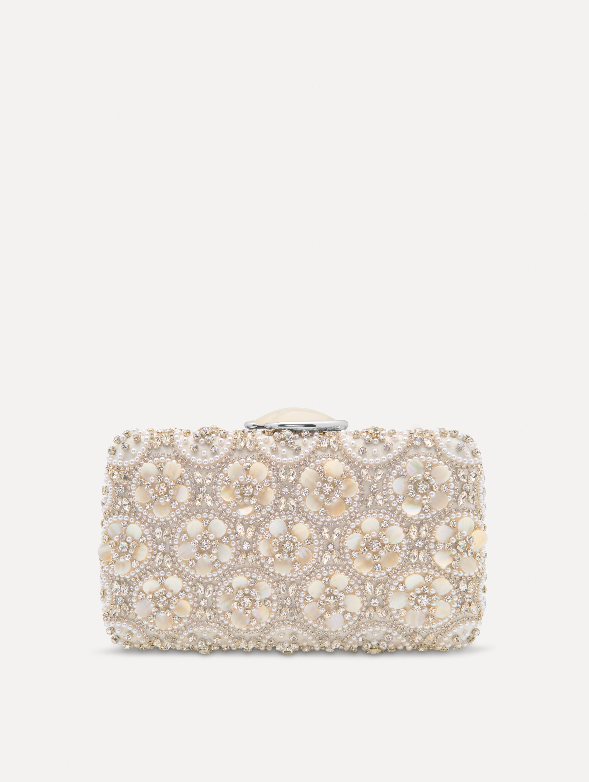 Ivory Mother of Pearl Embroidered O Minaudière featuring ivory beaded flowers, crystal detailing, and a structured rectangular silhouette with top clasp closure. Front View.