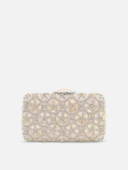 Ivory Mother of Pearl Embroidered O Minaudière featuring ivory beaded flowers, crystal detailing, and a structured rectangular silhouette with top clasp closure. Front View.