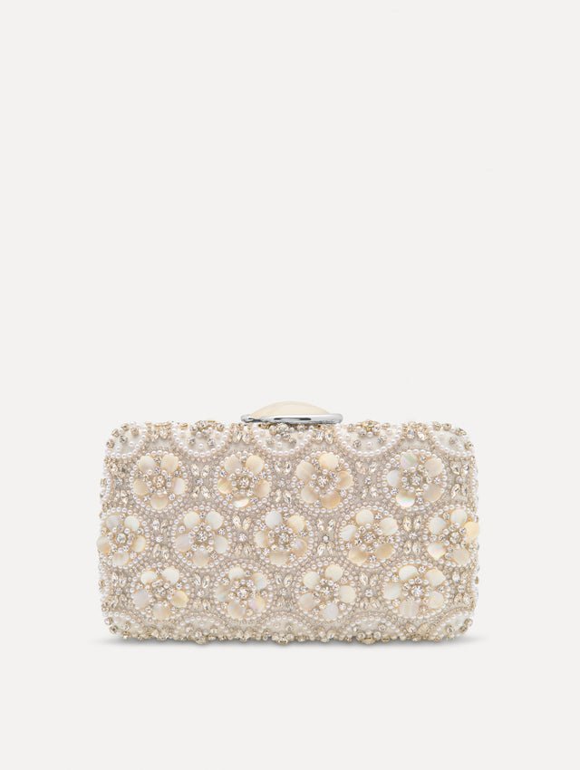 Ivory Mother of Pearl Embroidered O Minaudière featuring ivory beaded flowers, crystal detailing, and a structured rectangular silhouette with top clasp closure. Front View.
