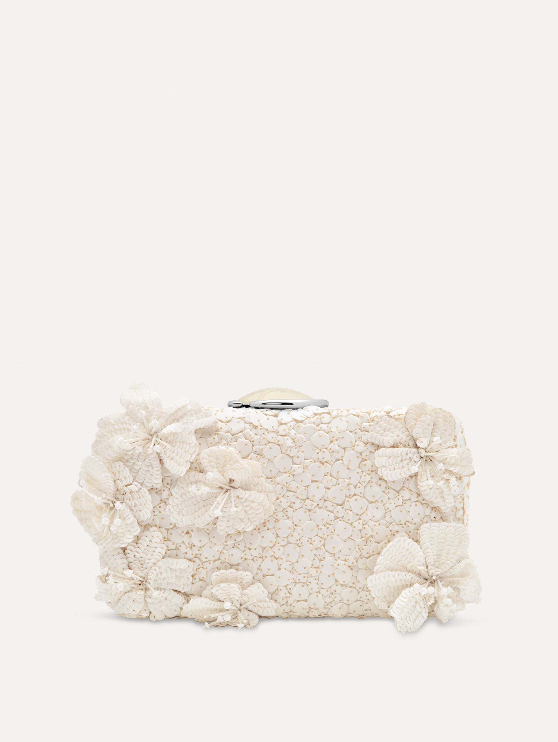 White Cherry Blossom Embroidered O Minaudière featuring a rectangular silhouette, beaded surface, and oversized three-dimensional flower embellishments.