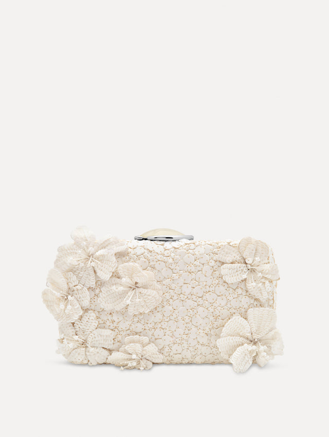 White Cherry Blossom Embroidered O Minaudière featuring a rectangular silhouette, beaded surface, and oversized three-dimensional flower embellishments.