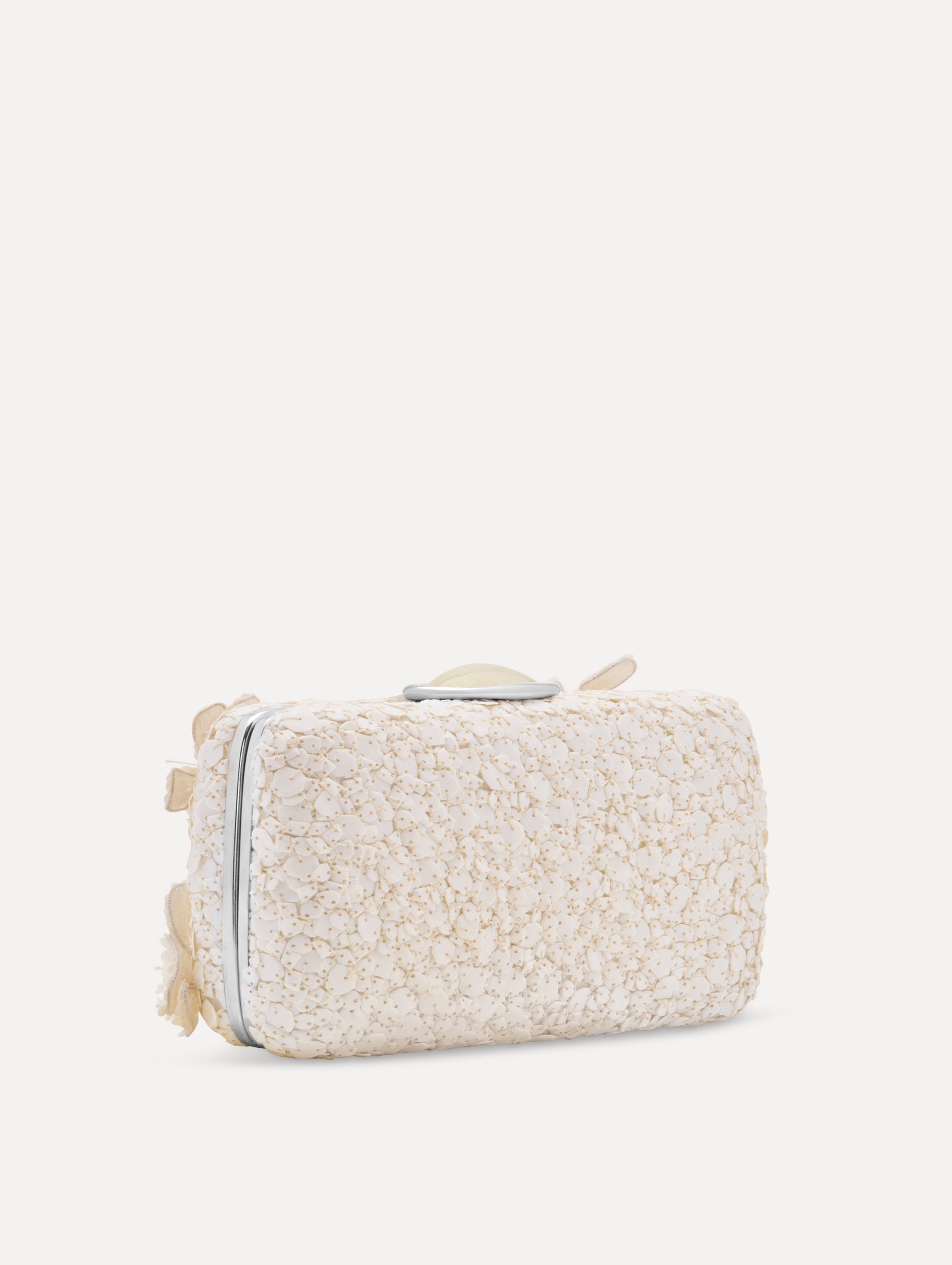 White Cherry Blossom Embroidered O Minaudière featuring a rectangular silhouette, beaded surface, and oversized three-dimensional flower embellishments.