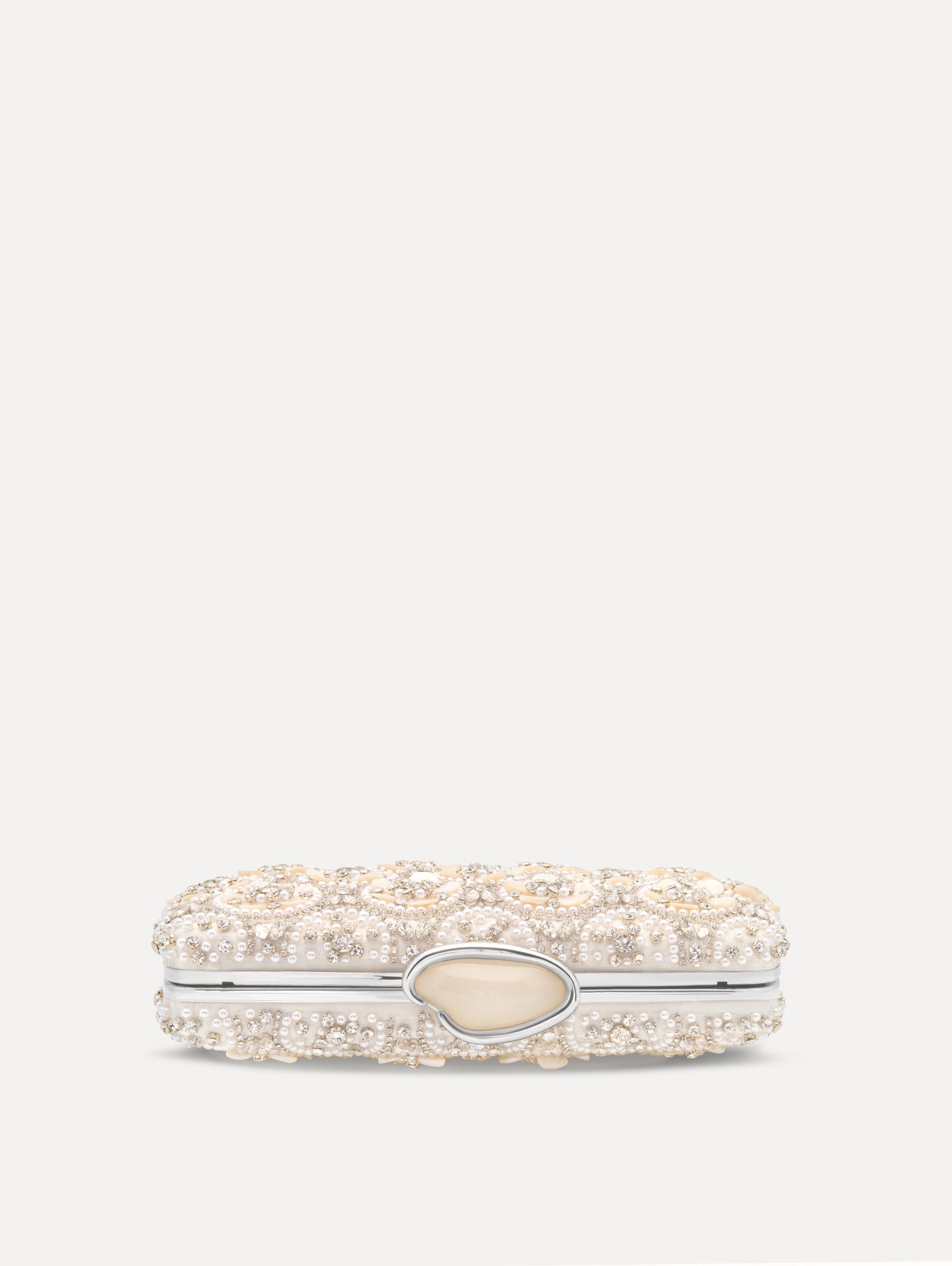 Ivory Mother of Pearl Embroidered O Minaudière featuring ivory beaded flowers, crystal detailing, and a structured rectangular silhouette with top clasp closure. Top View.