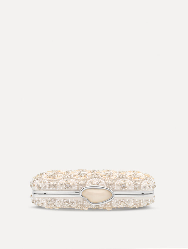 Ivory Mother of Pearl Embroidered O Minaudière featuring ivory beaded flowers, crystal detailing, and a structured rectangular silhouette with top clasp closure. Top View.