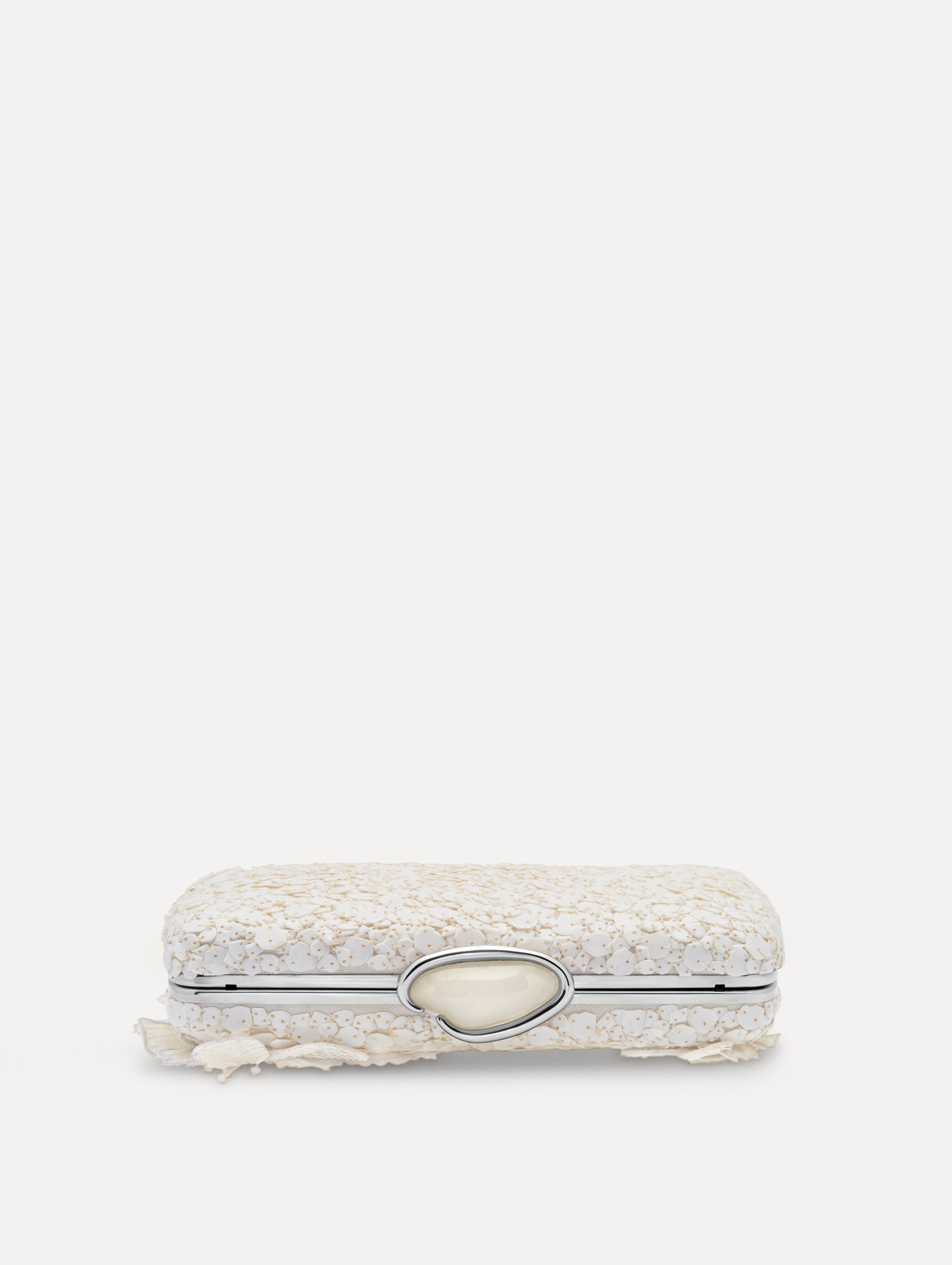 White Cherry Blossom Embroidered O Minaudière featuring a rectangular silhouette, beaded surface, and oversized three-dimensional flower embellishments.