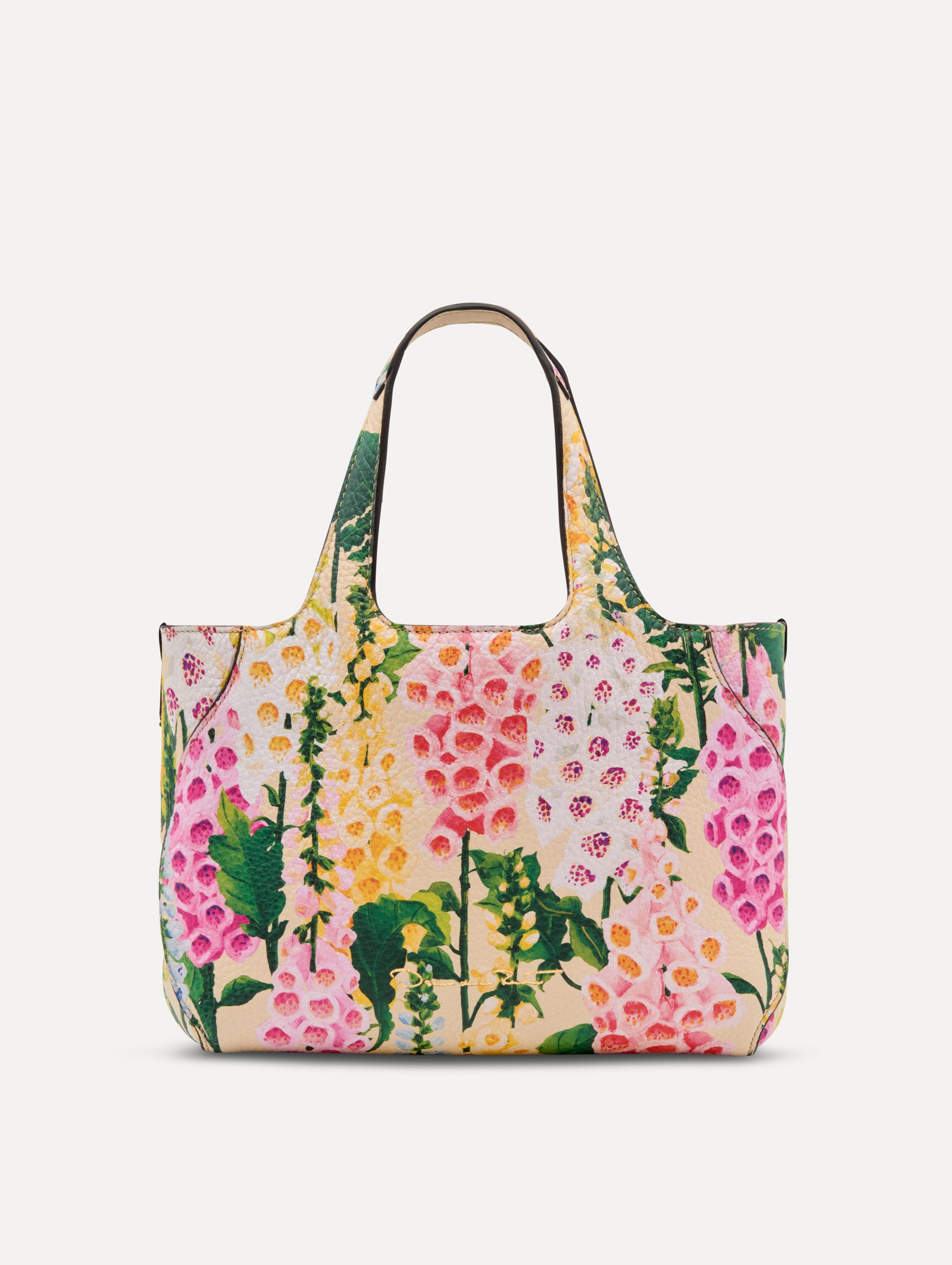 Floral Mini Topaz featuring multicolor foxglove motifs on a structured silhouette with top handles.