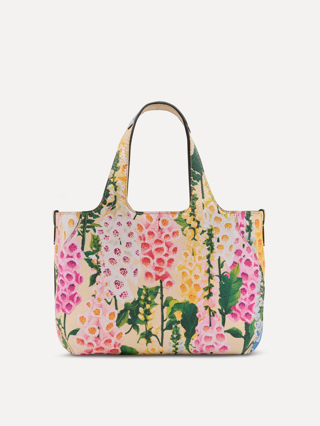 Floral Mini Topaz featuring multicolor foxglove motifs on a structured silhouette with top handles.