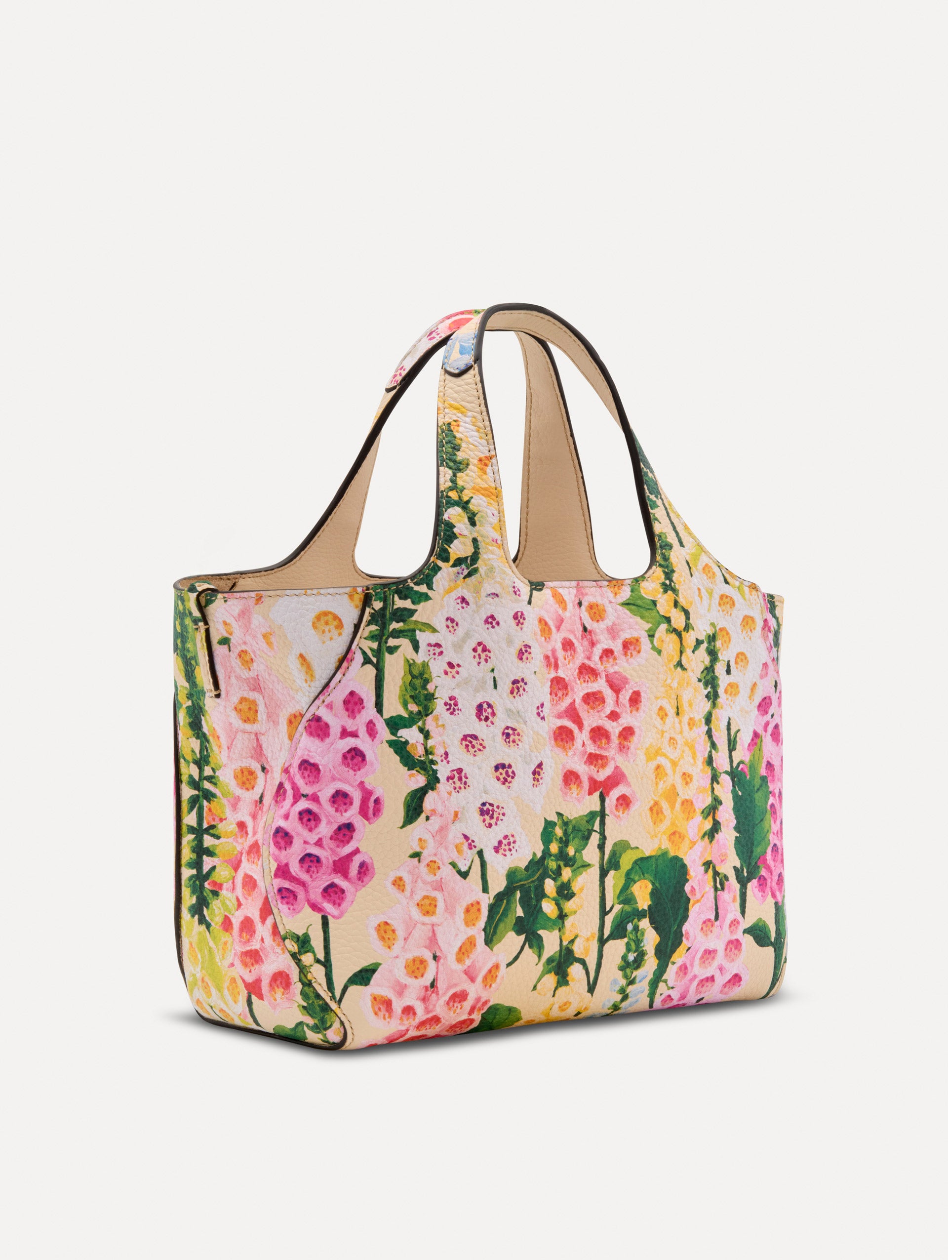 Floral Mini Topaz featuring multicolor foxglove motifs on a structured silhouette with top handles.