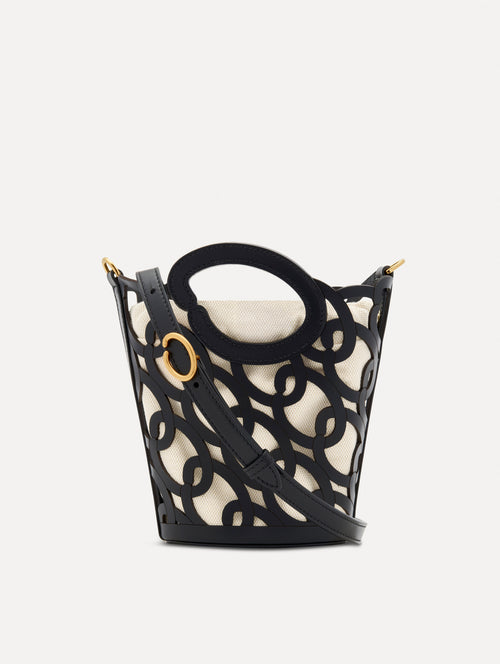 Black Oscar Chain-Link Leather Mini Tote with gold hardware and canvas lining. Front View.