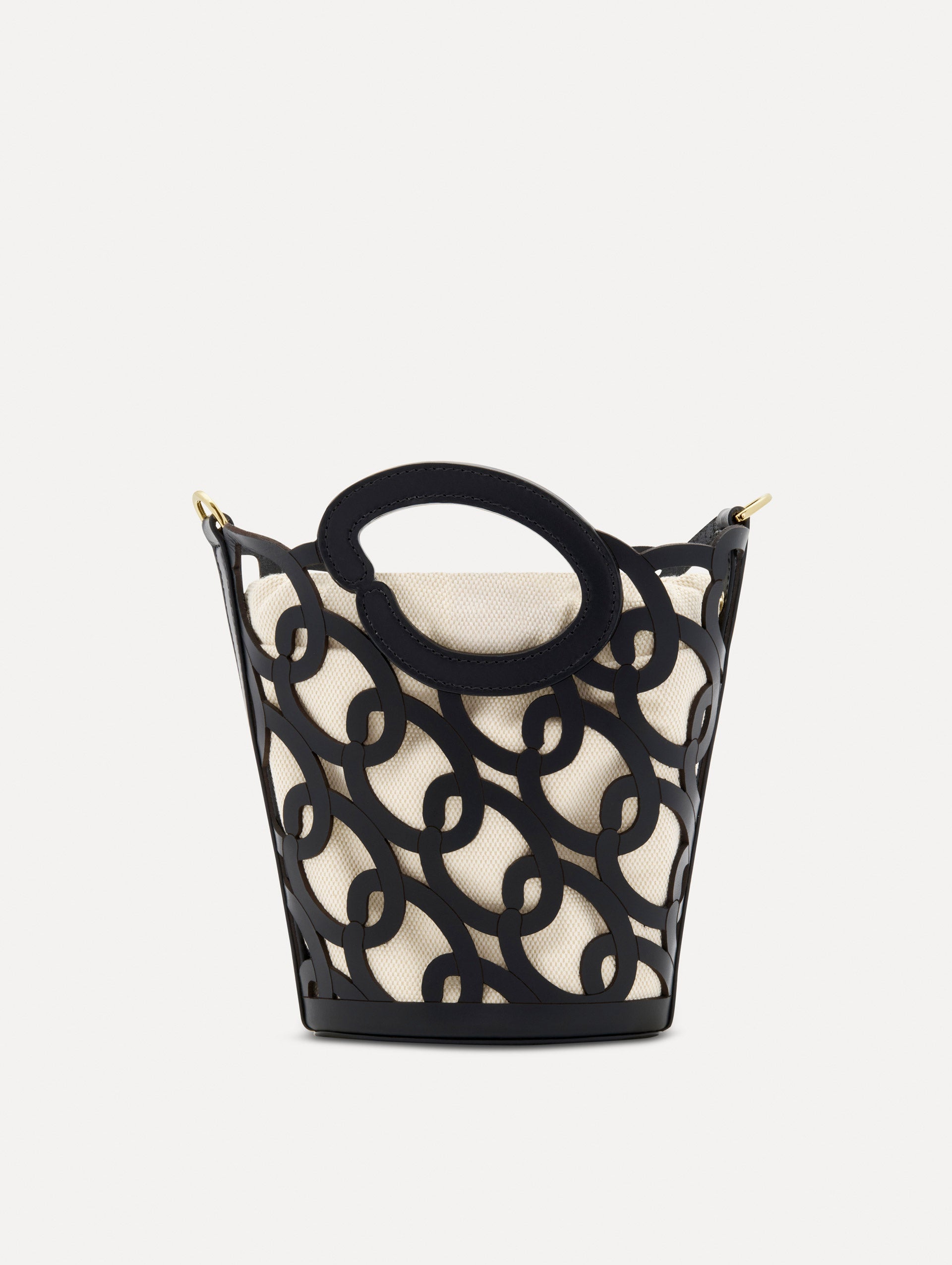Black Oscar Chain-Link Leather Mini Tote with gold hardware and canvas lining. Back View.