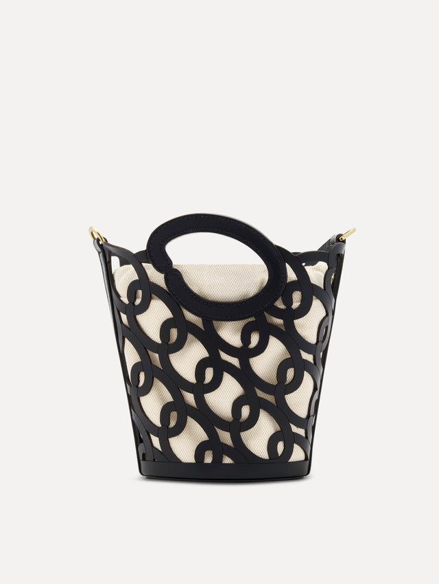 Black Oscar Chain-Link Leather Mini Tote with gold hardware and canvas lining. Back View.