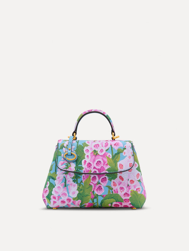 Blue, green, and pink Foxlove printed Mini Poppy with gold hardware. Front View.