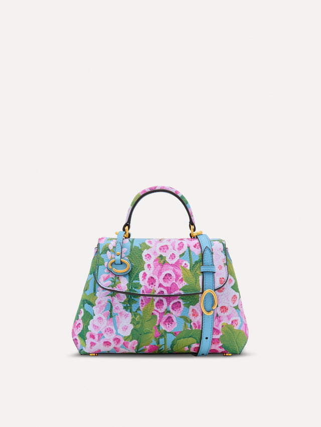 Blue, green, and pink Foxlove printed Mini Poppy with gold hardware. Front View.