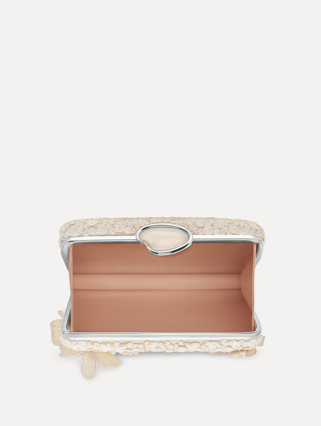 White Cherry Blossom Embroidered O Minaudière featuring a rectangular silhouette, beaded surface, and oversized three-dimensional flower embellishments.